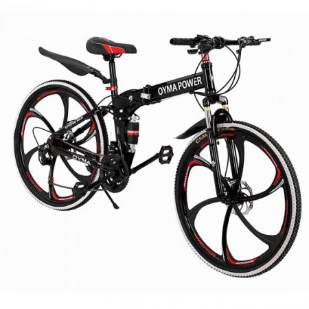 BEFOKA Folding Mountain Bike 26-inch Wheel 21 Speed Double Disc Brake Bicycle Carbon Steel Full Suspension MTB Bikes Lightweight Aluminum Outroad Bike (Black)