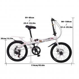 Botrong Adults\Students ?20-inch Wheels 7 Speed Drivetrain ??City Folding Mini Compact Bike High Tensile Steel Folding Frame Bicycle Urban Commuters,White