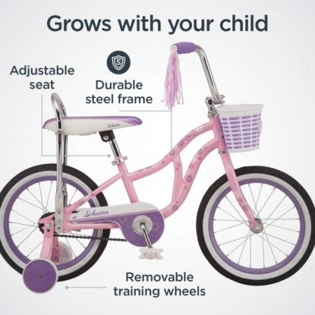 Schwinn Bloom kids bike, 16-inch wheel, training wheels, girls, pink, banana seat