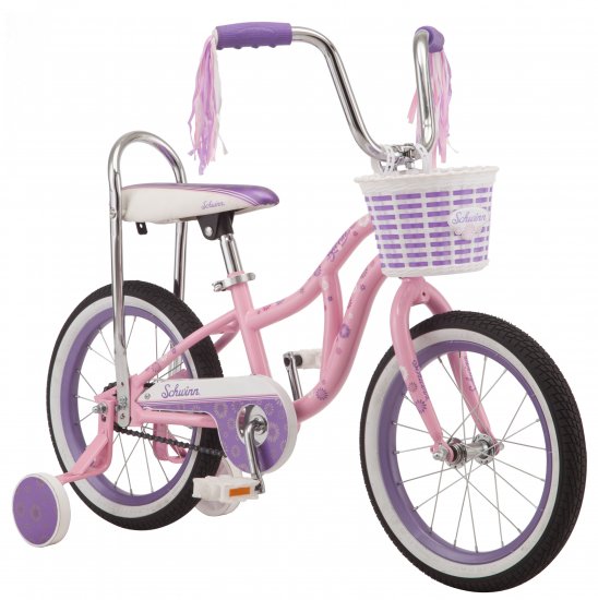 Schwinn Bloom kids bike, 16-inch wheel, training wheels, girls, pink, banana seat